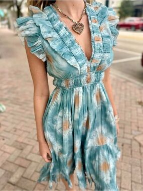 Elan Teal & Tan Ruffle V-Neck Mini Dress